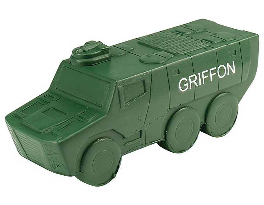 A military vehicle shaped stress toy